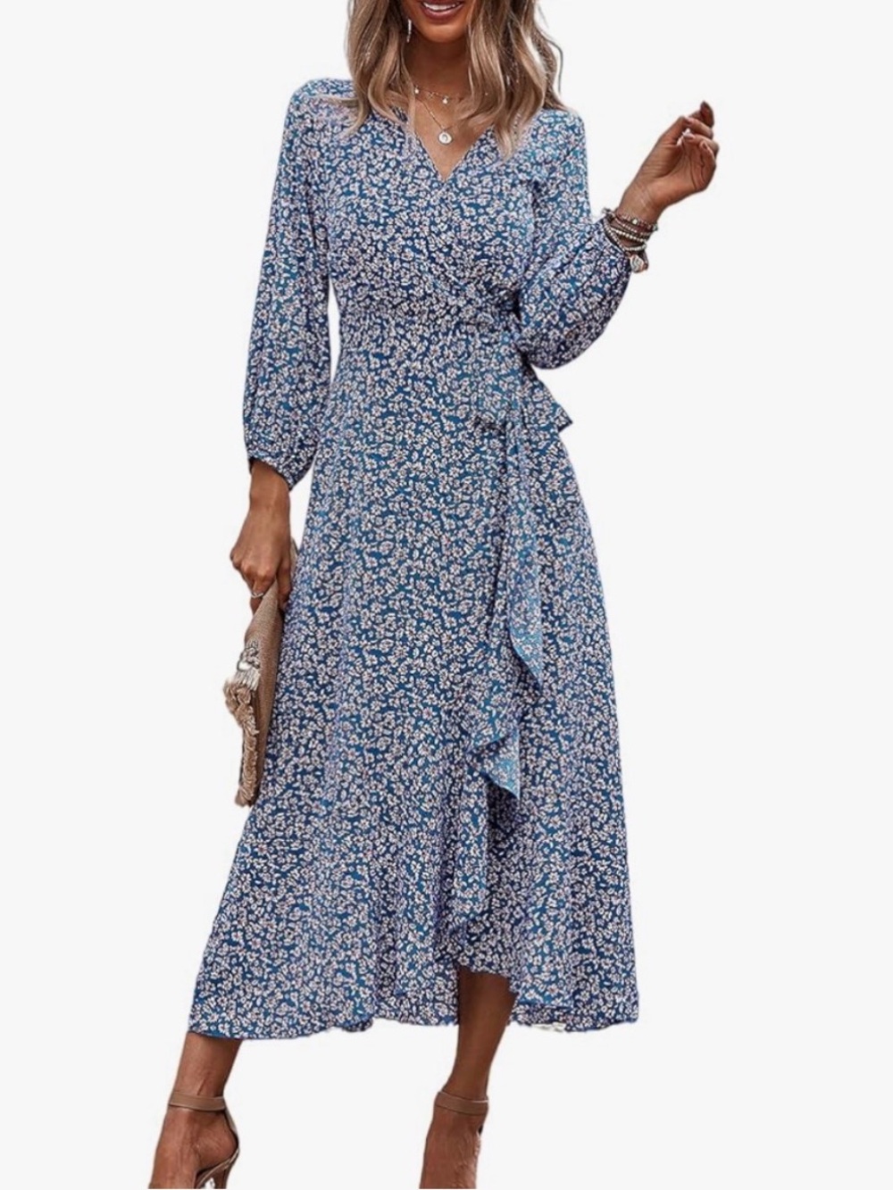Teal Floral Wrap Maxi Dress with Long Sleeves